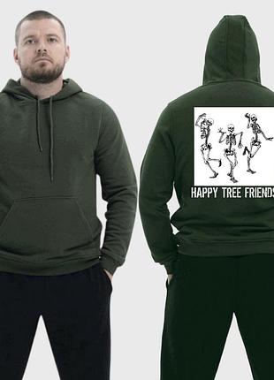 Чоловічий легкий худі з принтом happy tree friends три скелети танцюють, хакі