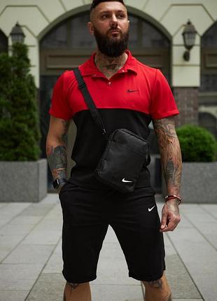 Комплект чоловічий nike: поло червоно-чорне + шорти чорні + барсетка чорна