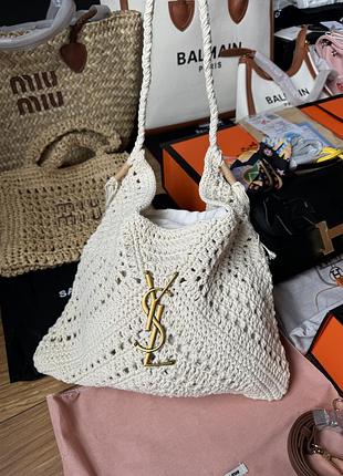 Saint laurent crochet hobo bag in cream with gold-tone ysl logo