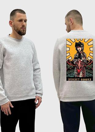 Мужской свитшот на флисе с принтом sunset goons девушка солнце полдень, серый xl