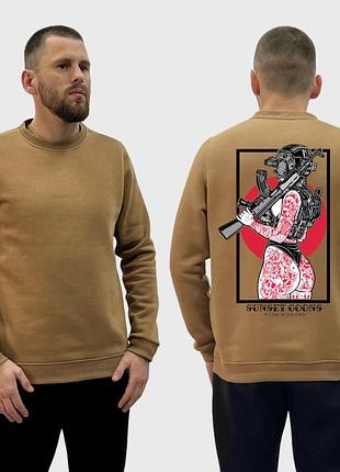 Мужской свитшот на флисе с принтом девушка с красными тату в шлеме sunset goons, койот l