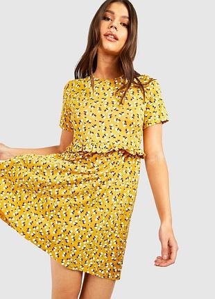 ❤️1+1=3❤️ boohoo нова(з біркою) гірчична сукня у квітковий принт, літнє плаття-сорочка вільного крою, натуральна сукня 95% віскоза, розмір m/l/xl