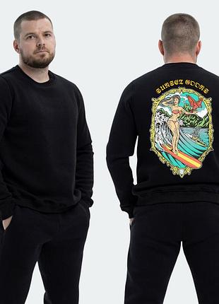 Мужской свитшот на флисе с принтом sunset goons девушка на серфинге, черный