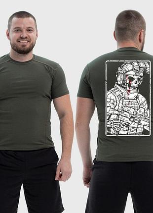 Мужская тактическая футболка с принтом военный скелет кровь, хаки