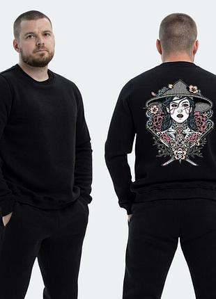 Мужской свитшот на флисе с принтом sunset goons девушка самурай, черный