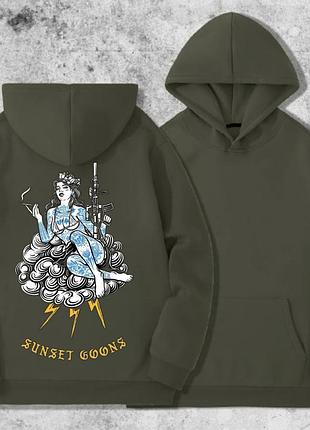 Худи мужской на флисе с принтом sunset goons девушка голубые тату, хаки