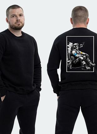 Мужской свитшот на флисе с принтом уставший скелет у стеныí, черный xxl