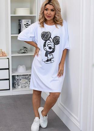 🌹батал большие размеры 🌹 оверсайз платье футболка с принтом мики маус mickey mouse