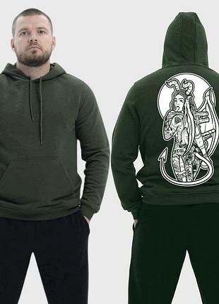 Чоловічий легкий худі з принтом sunset goons дівчина демон з хвостом, хакі