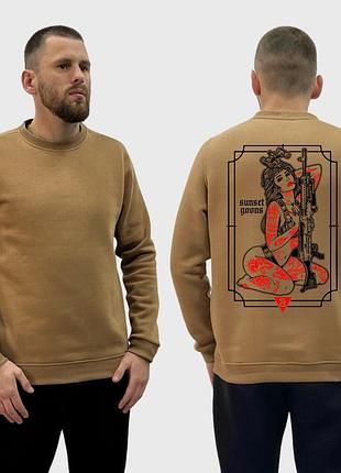 Мужской свитшот на флисе с принтом девушка с винтовкой и красными тату sunset goons, койот xl
