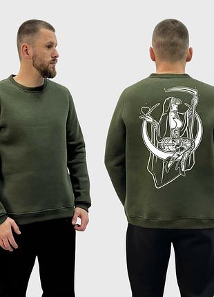 Мужской свитшот на флисе с принтом sunset goons девушка на месяца сердце косая смерть, хаки xl