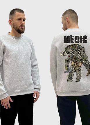 Мужской свитшот на флисе с принтом medic военный медик скелет извлекает раненного, серый l