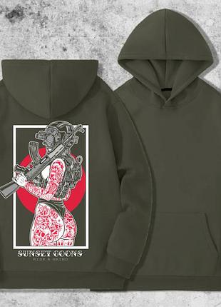 Худі чоловічий на флісі з принтом sunset goons дівчина спиною червоні тату , хакі xxl