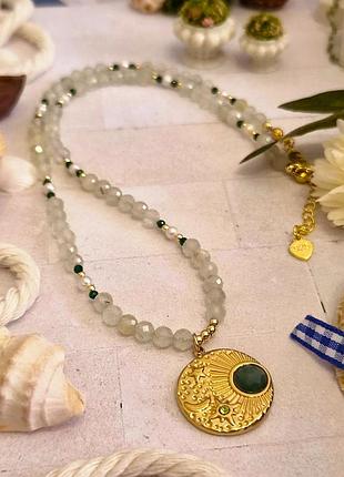 🔺💚✨колье с подвеской пренит ювелирной огранки и жемчужины