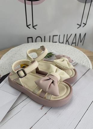 Босоножки clibee 26 27 28 29 30 для девочки молочные с розовым бантом на липучке детские летние (вз2057)