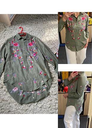 Шикарна подовжена сорочка з вишивкою/вишиванка оверсайз котон/шовк,zara,p.xs-м