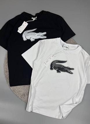 Чоловіча футболка lacoste біла чорна / літня футболка лакост з великим лого