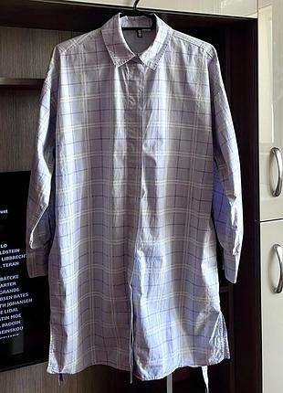 Подовжена оверсайз сорочка бавовняне плаття-рубашка з пояском h&m у клітинку удлиненная овер рубашка женская в клеточку