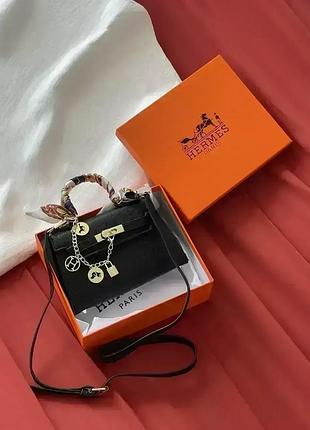 Кожаная женская сумка hermes kelly с платком стильная сумочка для девушки гермес брендовая классическая для женщины
