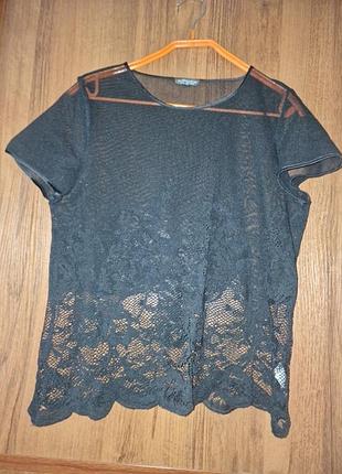 черная блузка-топ topshop из комбинированного кружева и сеточки, размер l (uk 14 / eur 42)