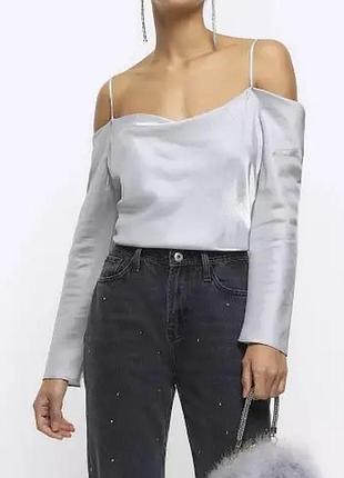 Сріблястий атласний топ river island з відкритими плечима, розмір 14