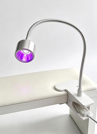 Led-лампа для верхніх форм і гелевих типс 5w на гнучкій ніжці з прищіпкою та usb, срібляста