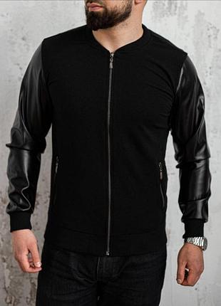 Стильный черный мужской бомбер buzzwear / куртка с рукавами из экокожи, р. m