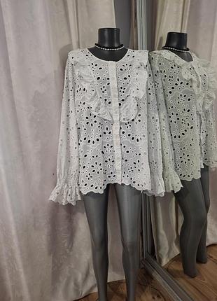 Котоновый с рюшами блузон,  рубашка 👕 прошва большого размера