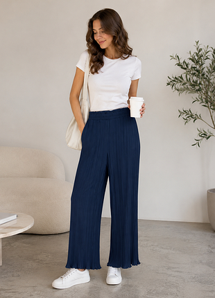 Shein, жіночі широкі брюки штани в рубчик синього кольору.