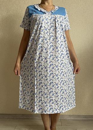 Сорочка женская ночная короткий рукав 50-60 размер | рубашка ночной женский хлопок узбекистан 50/52, голубой