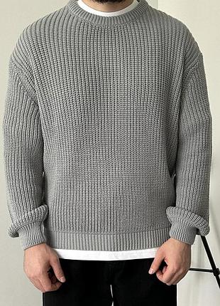 Стильный вязаный оверсайз свитер cropped fit в сером цвете🔝
