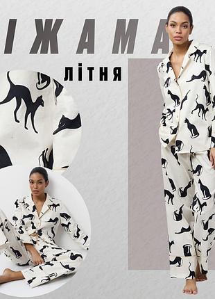 Пижама женская хлопковая aruelle nyra pajama long с длинными брюками и рубашкой на пуговицах домашний костюм с принтом котиков xl