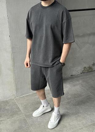 Топовий оверсайз комплект acid wash у темно-сірому кольорі 🔝