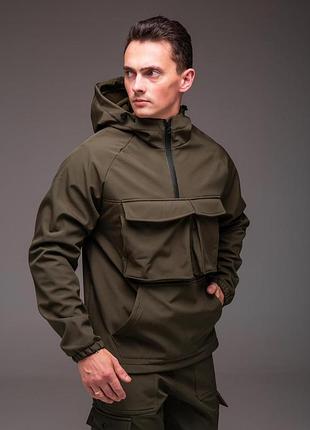 Мужской хаки анорак softshell на флисе