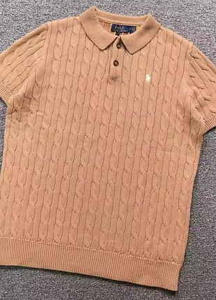 В'язане поло ralph lauren з преміальної бавовни чоловіча футболка в косичку поло ральф лаурен з коміром бежевий, l