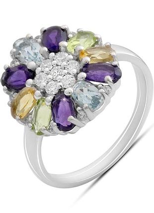 Срібне кільце proba з натуральним аметистом 3.048ct, цитрином, хризолітом, топазом, вага виробу 3,51 гр (2193333) 17 розмір
