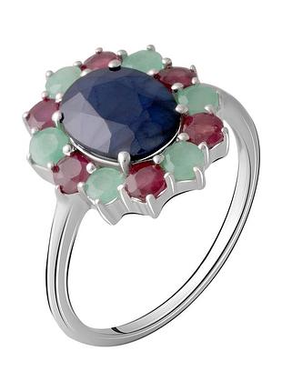 Серебряное кольцо proba с натуральным сапфиром 5.58ct, изумрудом, рубином, вес изделия 4,32 гр (2065180) 18.5 размер