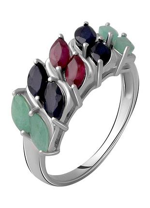Серебряное кольцо proba с натуральным сапфиром 3.025ct, изумрудом, рубином, вес изделия 4,19 гр (2063629) 17.5 размер
