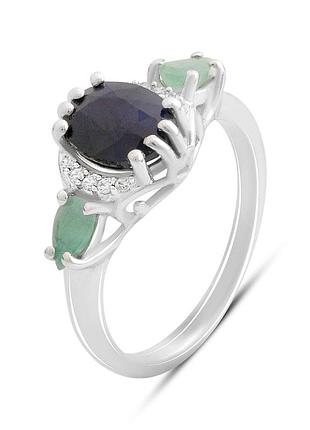 Серебряное кольцо proba с натуральным сапфиром 2.135ct, изумрудом, фианитами, вес изделия 2,75 гр (2180838) 17.5 размер