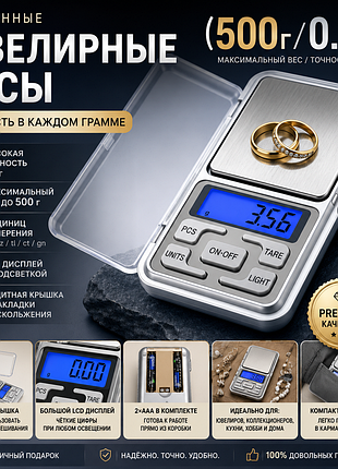 Ювелирные электронные весы 500г / 0.1г • карманные цифровые весы • lcd подсветка