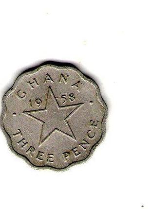 Гана елизавета ii 3 пенса, 1958 медно-никелевый сплав, 3.3g, ø 19.5mm no312