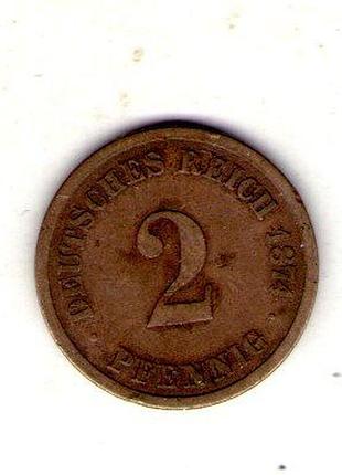 Немецкая империя 2 пфенига, 1874 год медь, 3.25g, ø 20mm no3163
