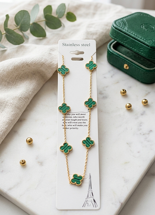 Изысканное колье в стиле van cleef: зеленый клевер (позолота, медсталь)