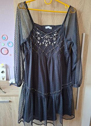Серое полупрозрачное нарядное платье со стразами zara на девочку 13-14 лет