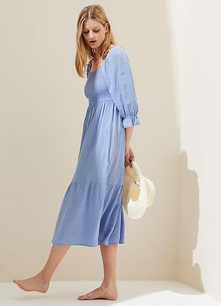 Linen blend striped square neck midi dress