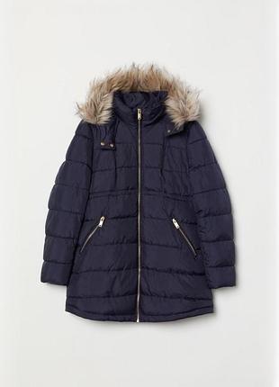 Куртка женская h&amp;m, s,синяя,с капишоном,стьогана,полиэстер,тепла,стьганая,капишон,с мехом,синтепон,демисезон,осень,зима