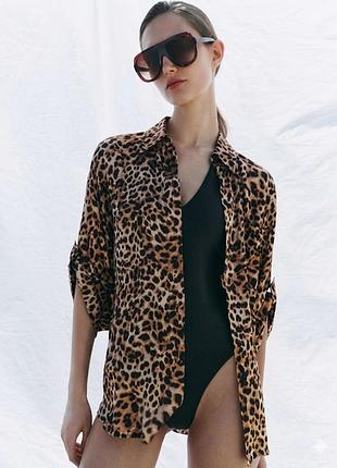 Леопардова пляжна сорочка zara рубашка оверсайз блуза накидка на купальник