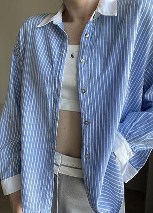 Сорочка zara оверсайз у блакитну смужку з білим комірцем
