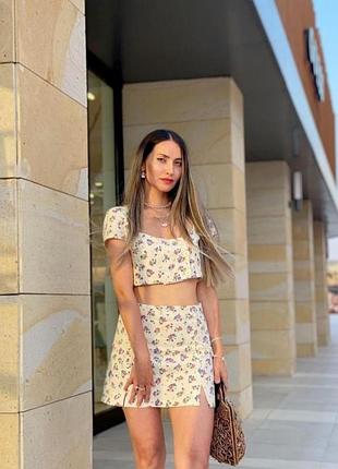 Костюм спідниця топ льон віскоза в бежева квіти з розрізом zara xs s m 2699/663