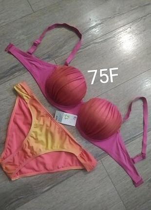 34f,75f/12/40/м,primark,англия!коралловый раздельный купальник бандо с переходом цвета, на поролоне